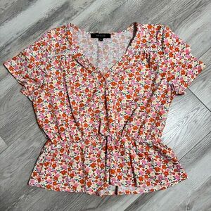 Ava Rose Floral V-Neck Blouse XL Top Stretchy Spring Summer Brunch Date